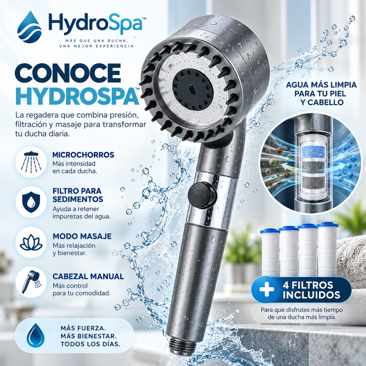 HydroSpa™ | Filtra el agua, eleva la presion y masajea