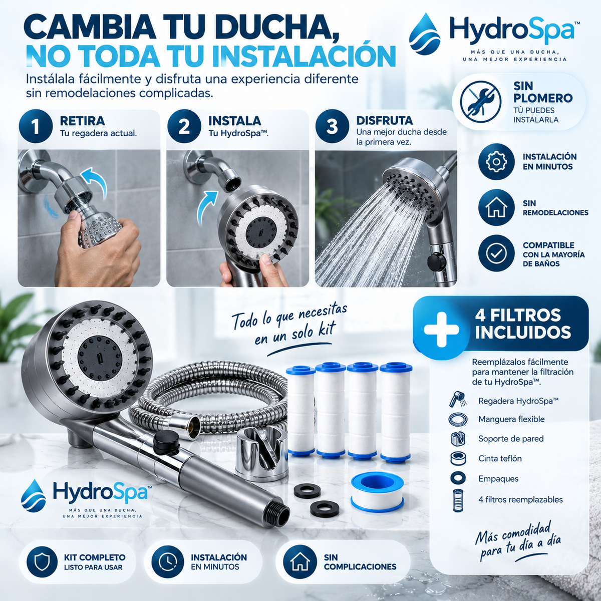 HydroSpa™ | Filtra el agua, eleva la presion y masajea